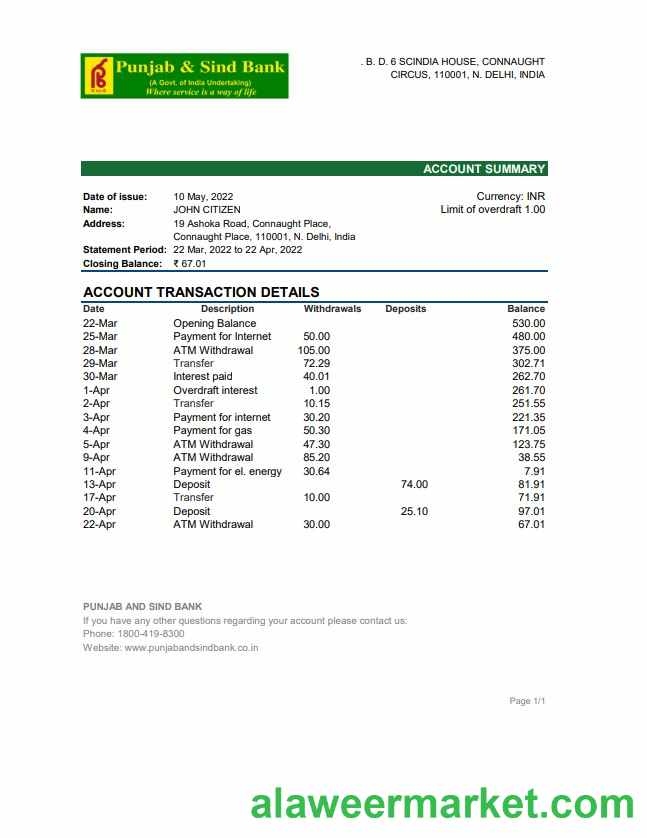 India Punjab and Sind Bank statement xls